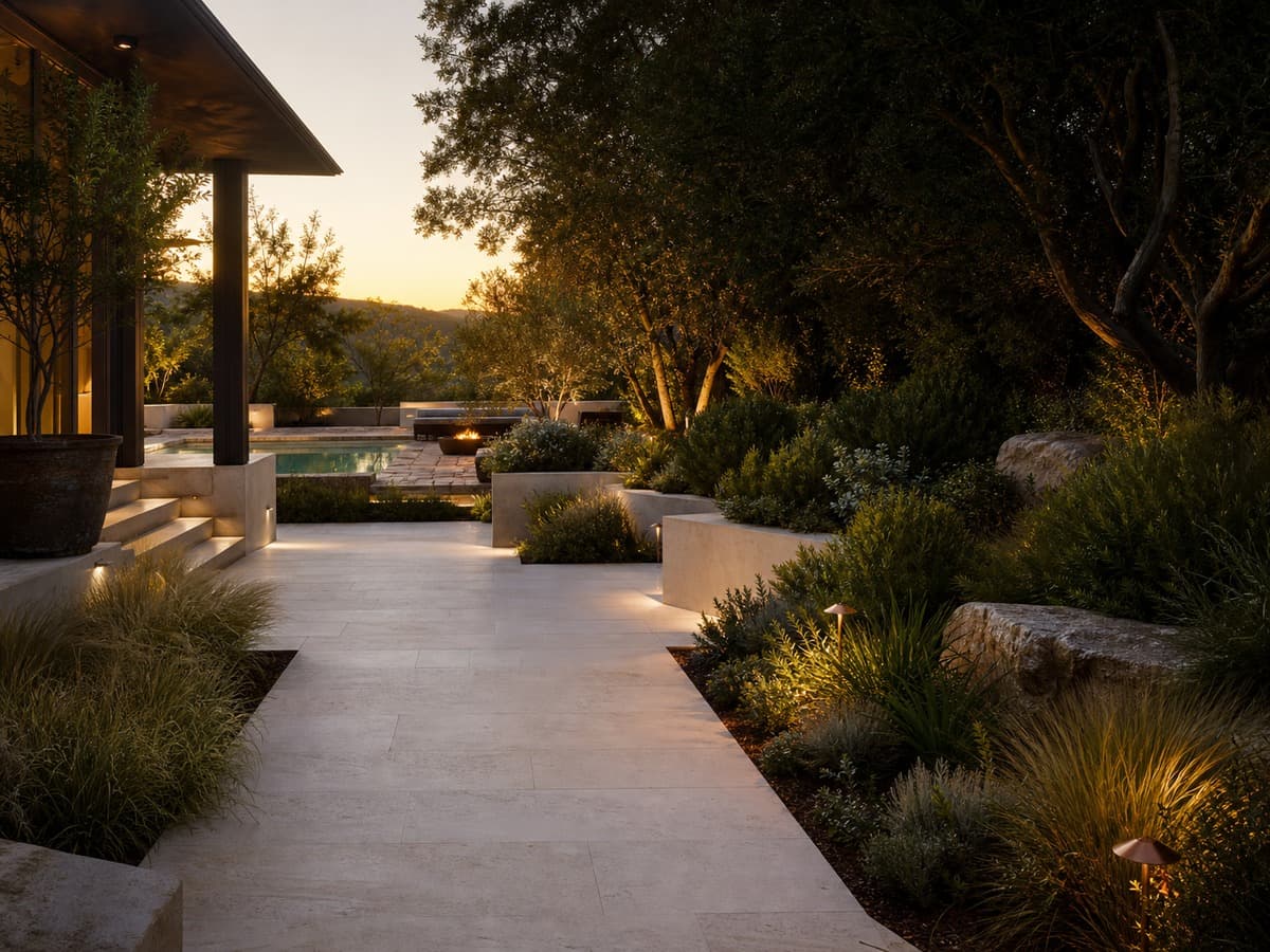 A premium redesigned backyard with layered planting and stone paths